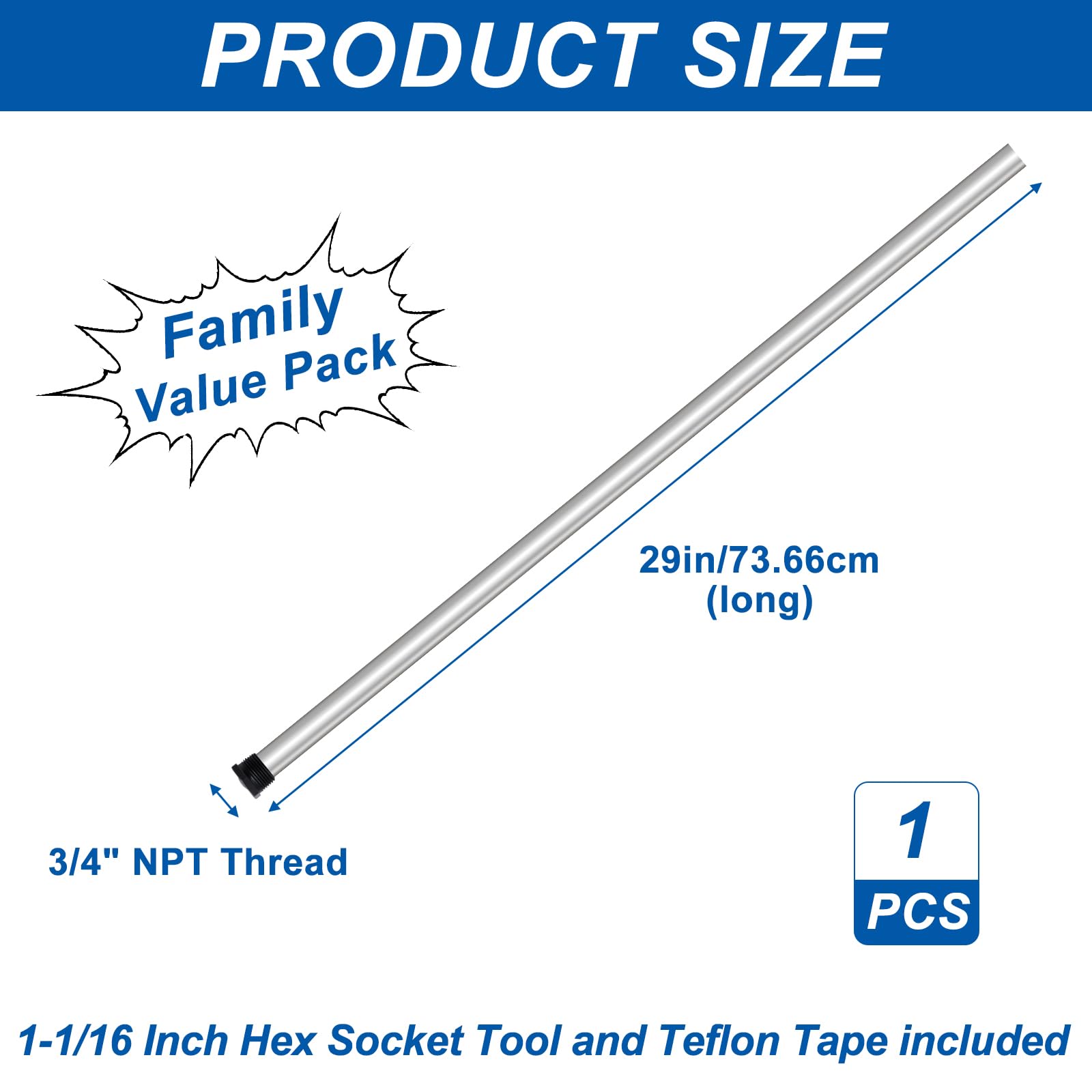 Podoy 29-inch anode rod with hex plug end for simple installation.