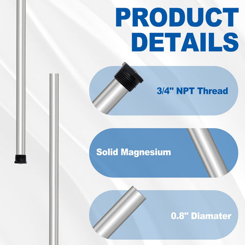 Podoy anode rod 3-4 inch NPT connection shown for universal compatibility with many heaters.