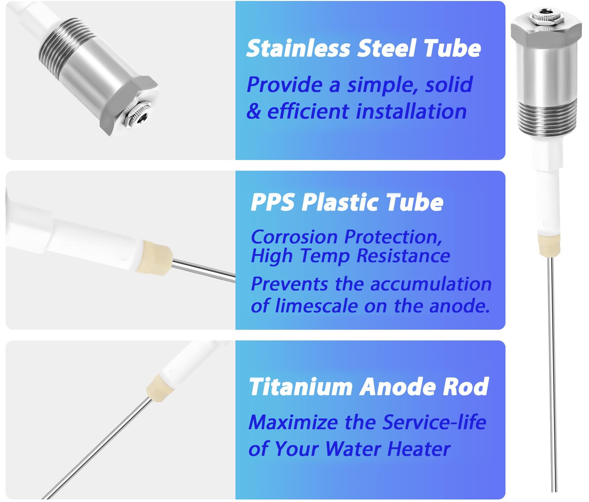Close-up of Podoy titanium-core powered anode rod for durable protection.
