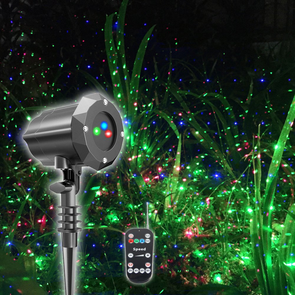Poeland Christmas laser projector outdoors with vivid red, green, blue beams for festive yard display.