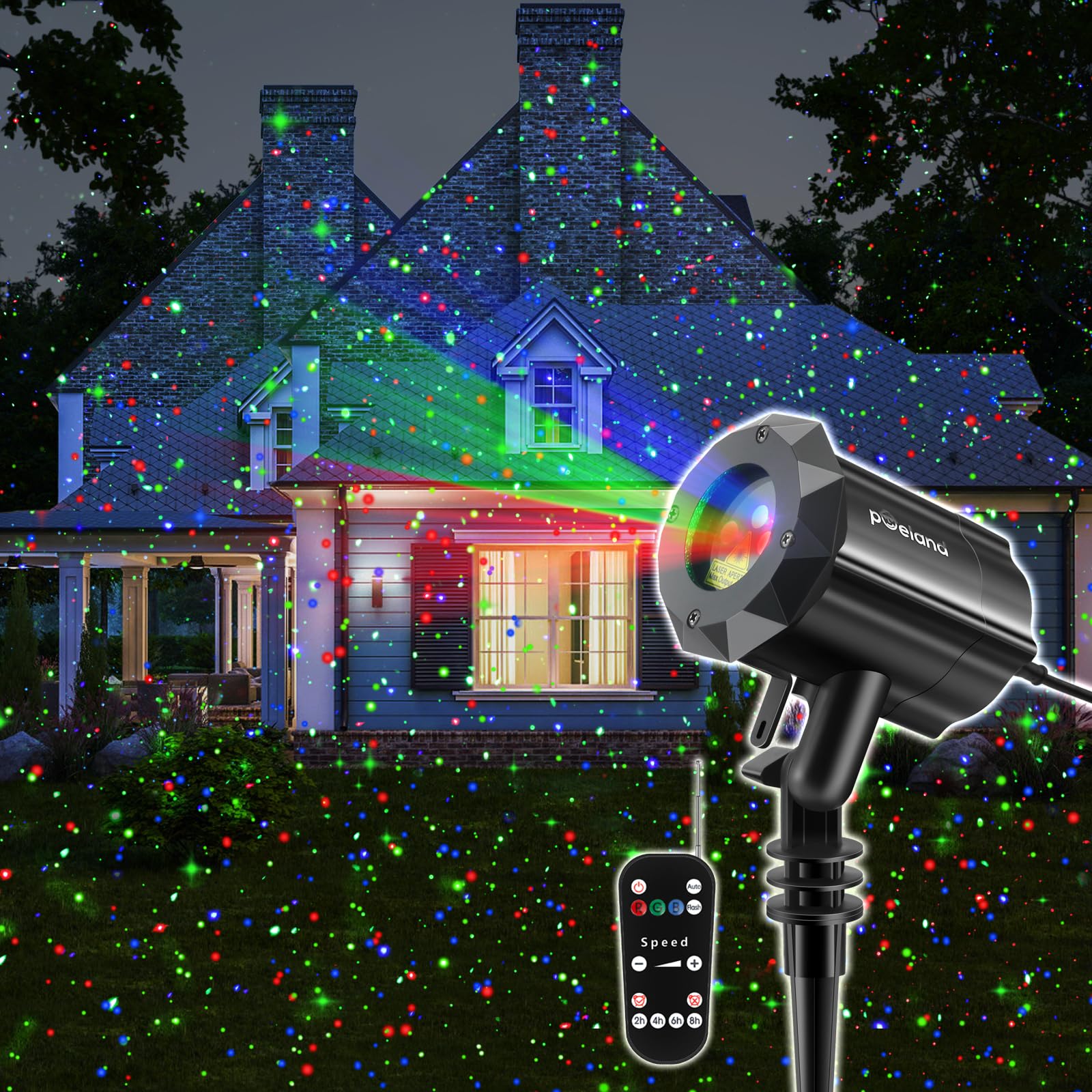 Poeland laser projector remote control for easy mode, color, speed, and timer adjustments.