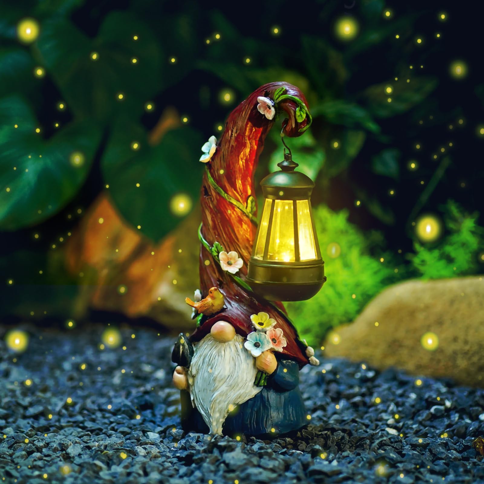 Pohabery Solar Gnome Outdoor Decor illuminating a patio at dusk.