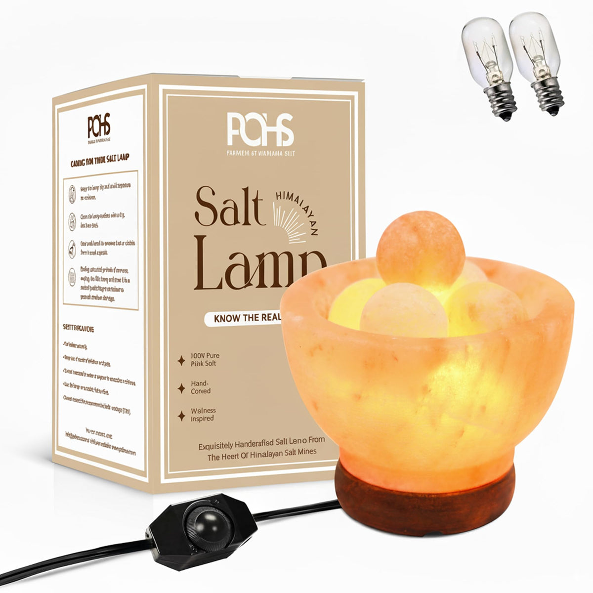 POHS Himalayan salt fire bowl with wooden base glows softly for a calming atmosphere.