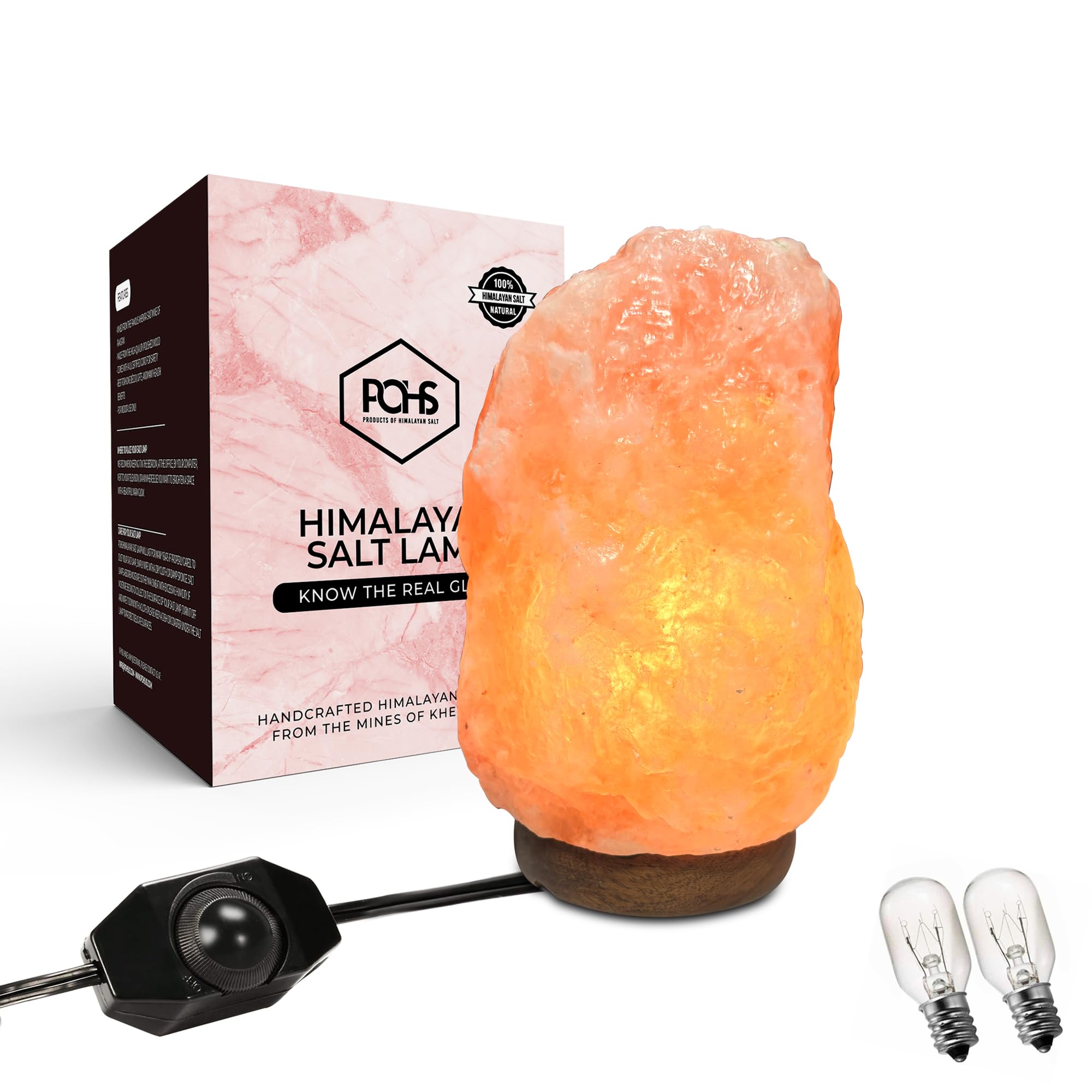 POHS Himalayan Salt Lamp 8-10 inches on a wooden base radiates a warm desk glow.
