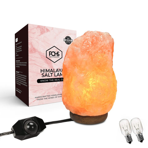 POHS Himalayan Salt Lamp 8-10 inches on a wooden base radiates a warm desk glow.