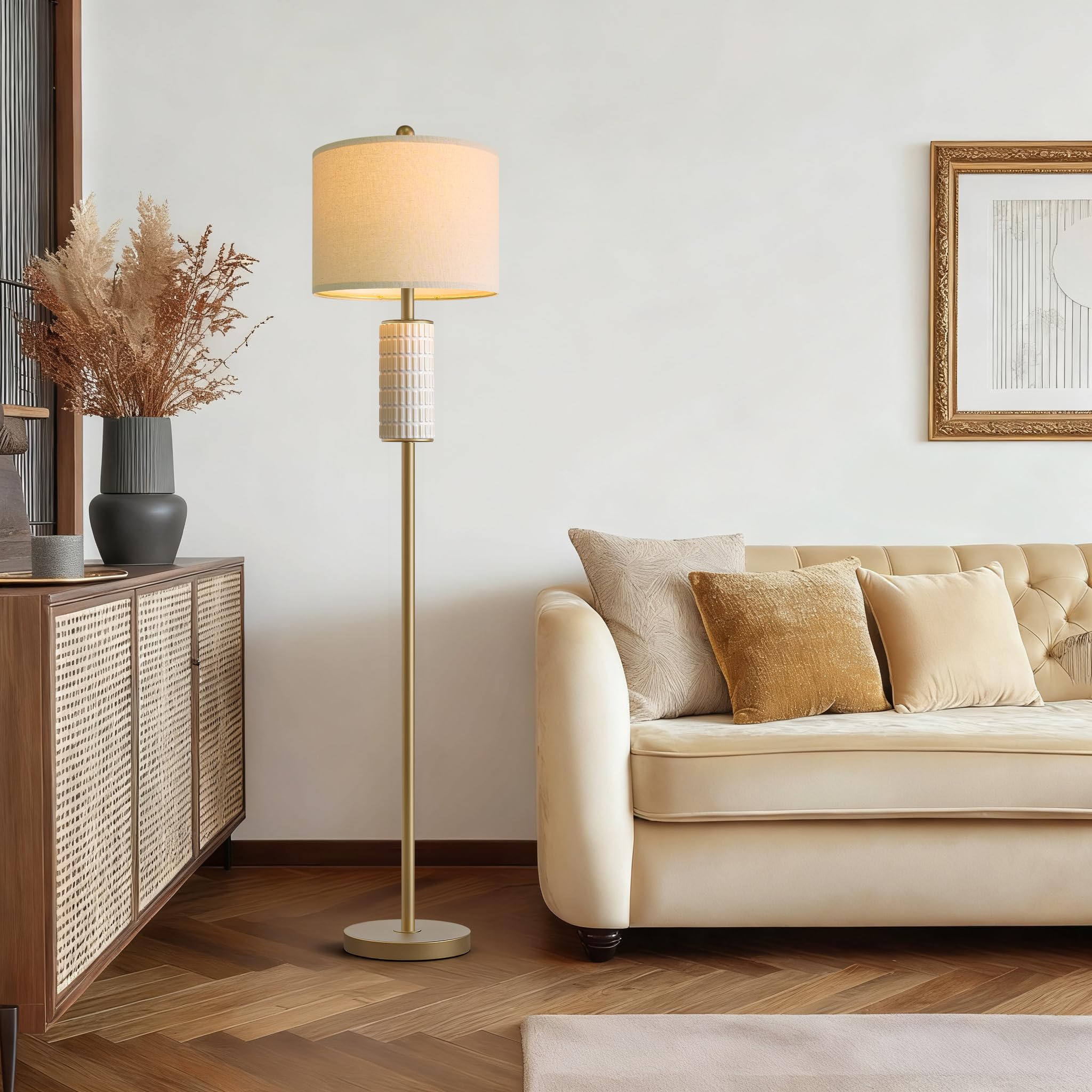 Lamp stands 64 inches tall for versatile corner lighting.