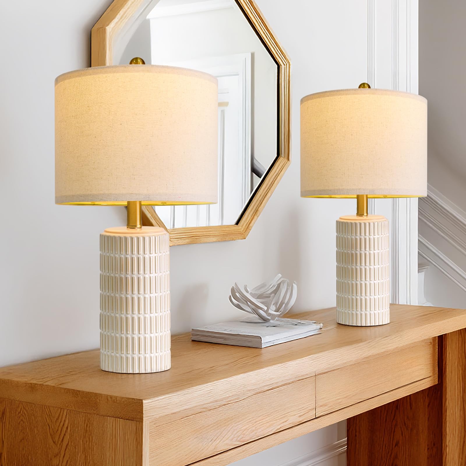 PoKat ceramic table lamp base in beige adds warm lighting to nightstands