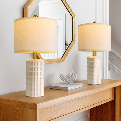 PoKat ceramic table lamp base in beige adds warm lighting to nightstands
