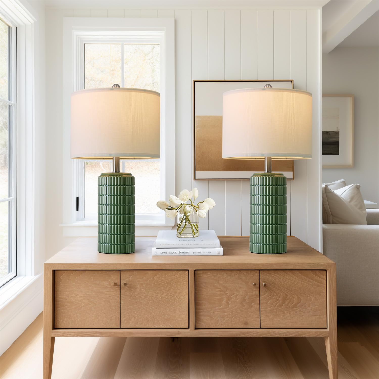 PoKat 23-inch lamps on bedside table create a calm nighttime mood.
