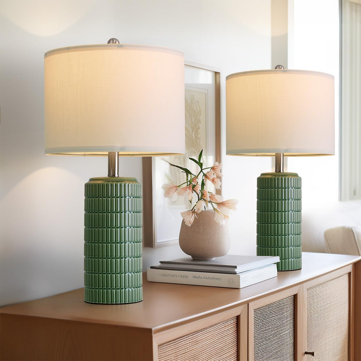 PoKat dark-green ceramic table lamps set 2, front view, ideal for cozy living room ambiance.