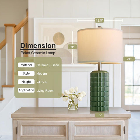 PoKat dark-green ceramic table lamps set 2, side view, pairs well with bedrooms.