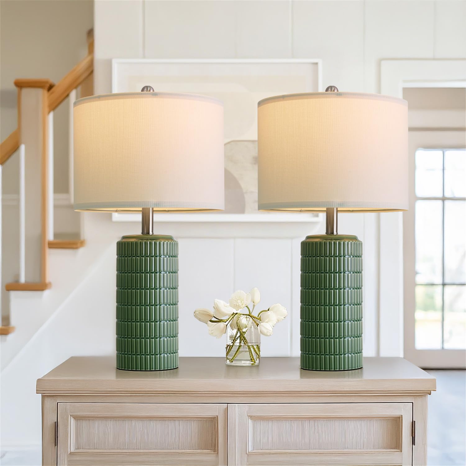 PoKat modern farmhouse lamps with green ceramic finish suit warm decor.