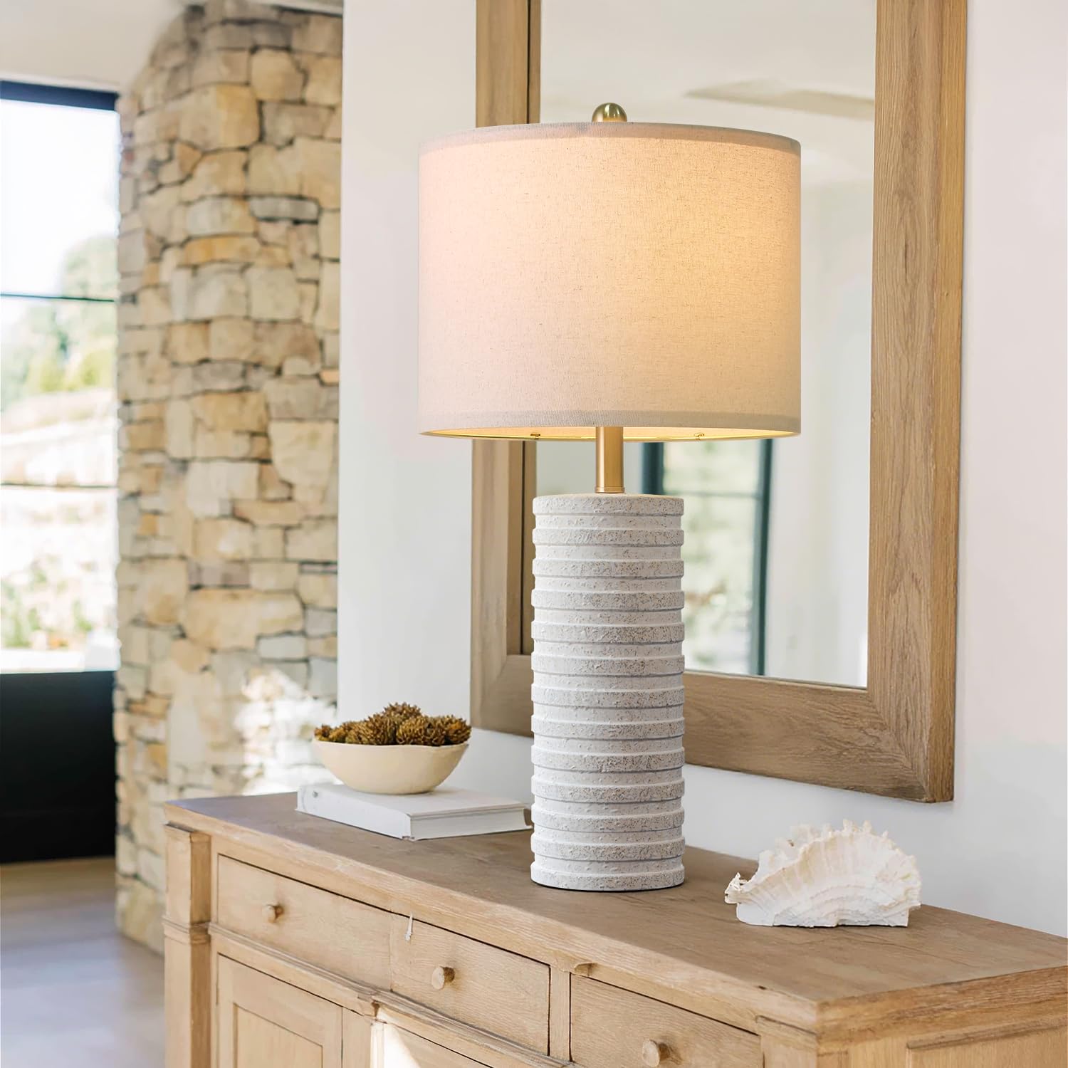 PoKat neutral white lamp base with black distress suits coastal decor