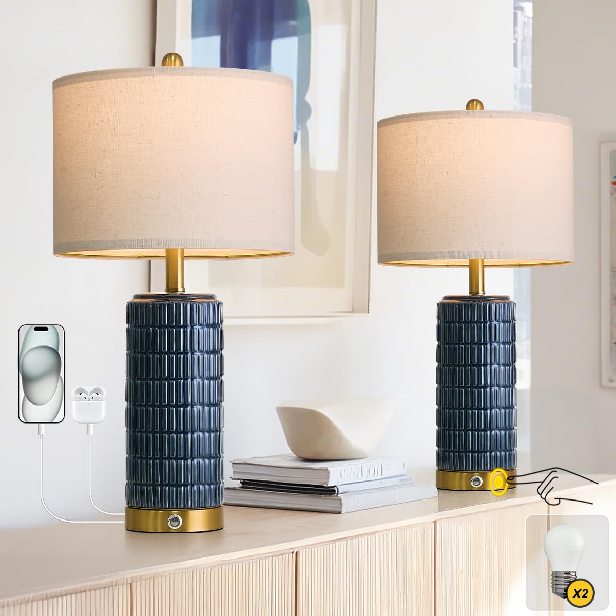 PoKat touch bedside lamp in blue ceramic with USB ports for charging at bedside