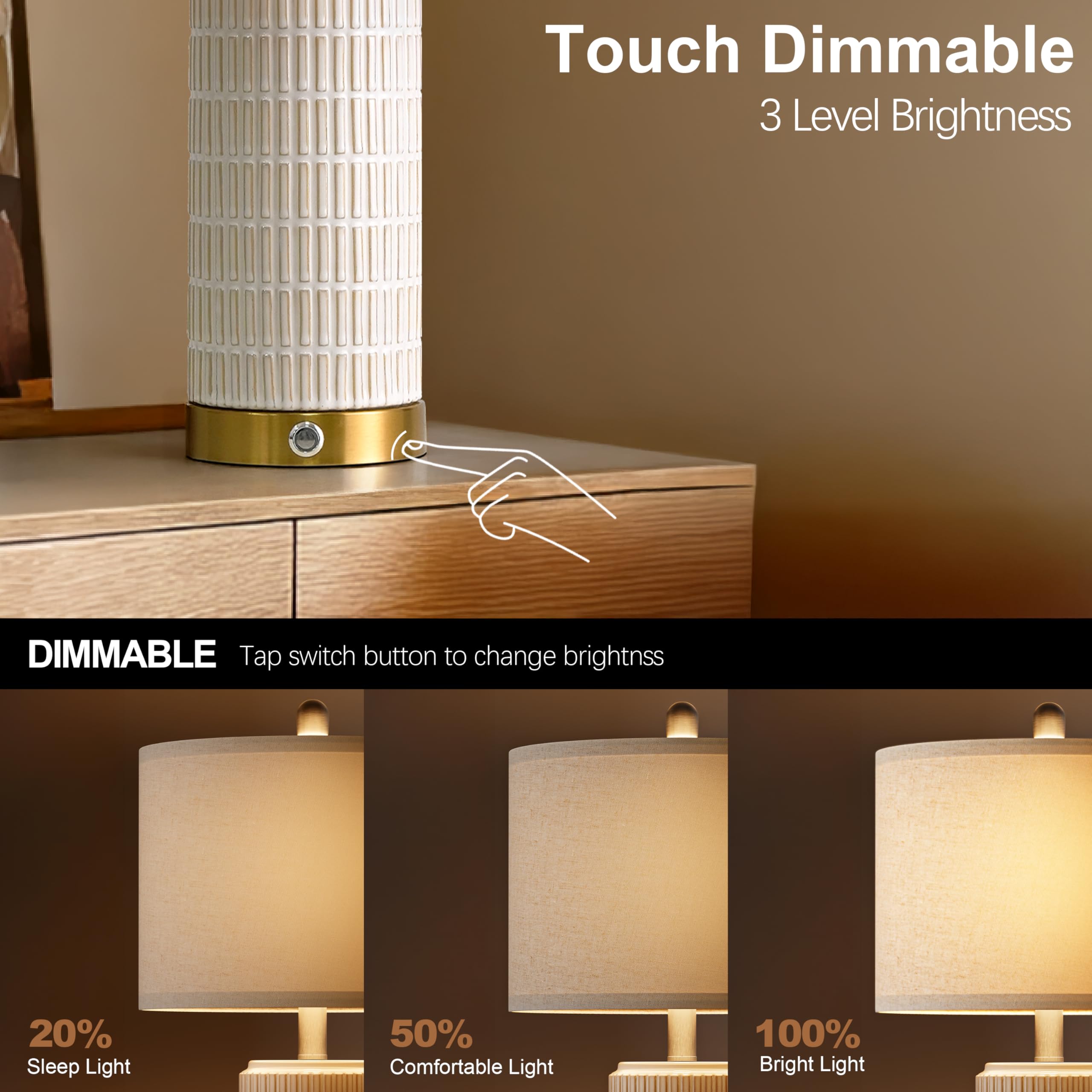 PoKat Touch bedside lamp with USB-C and USB-A ports ready for charging devices while on.