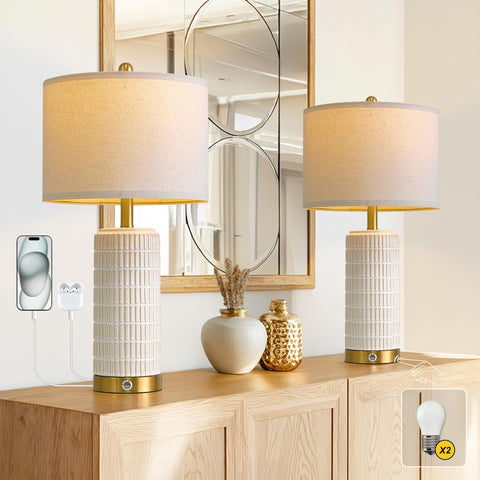 PoKat Touch bedside lamp with white ceramic body and gold base for stylish bedroom lighting.