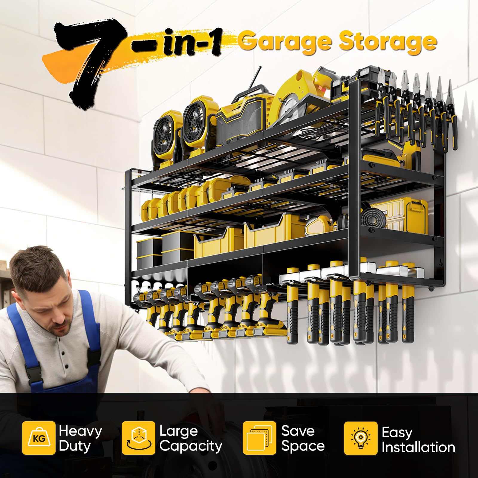 POKIPO 49inch wall-mount tool organizer four-layer storage shown with drill bays and side racks.