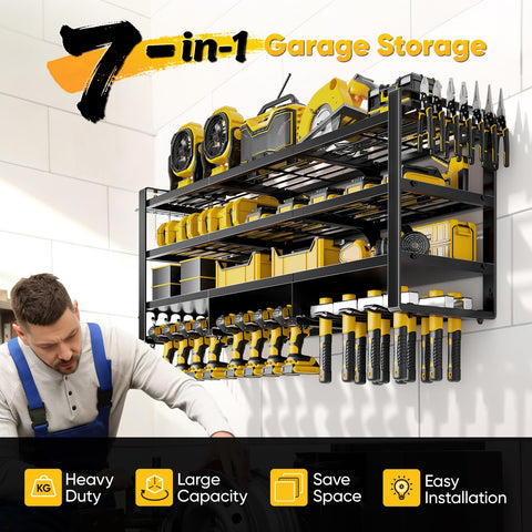 POKIPO 49inch wall-mount tool organizer four-layer storage shown with drill bays and side racks.