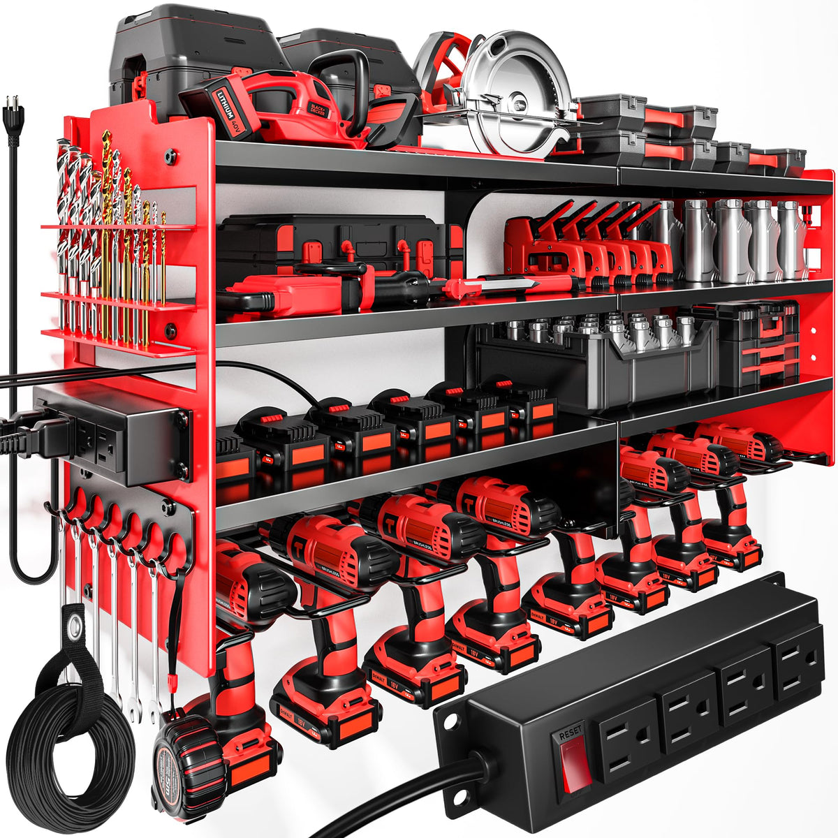 POKIPO power tool organizer wall mount with charging station keeps drills powered and organized