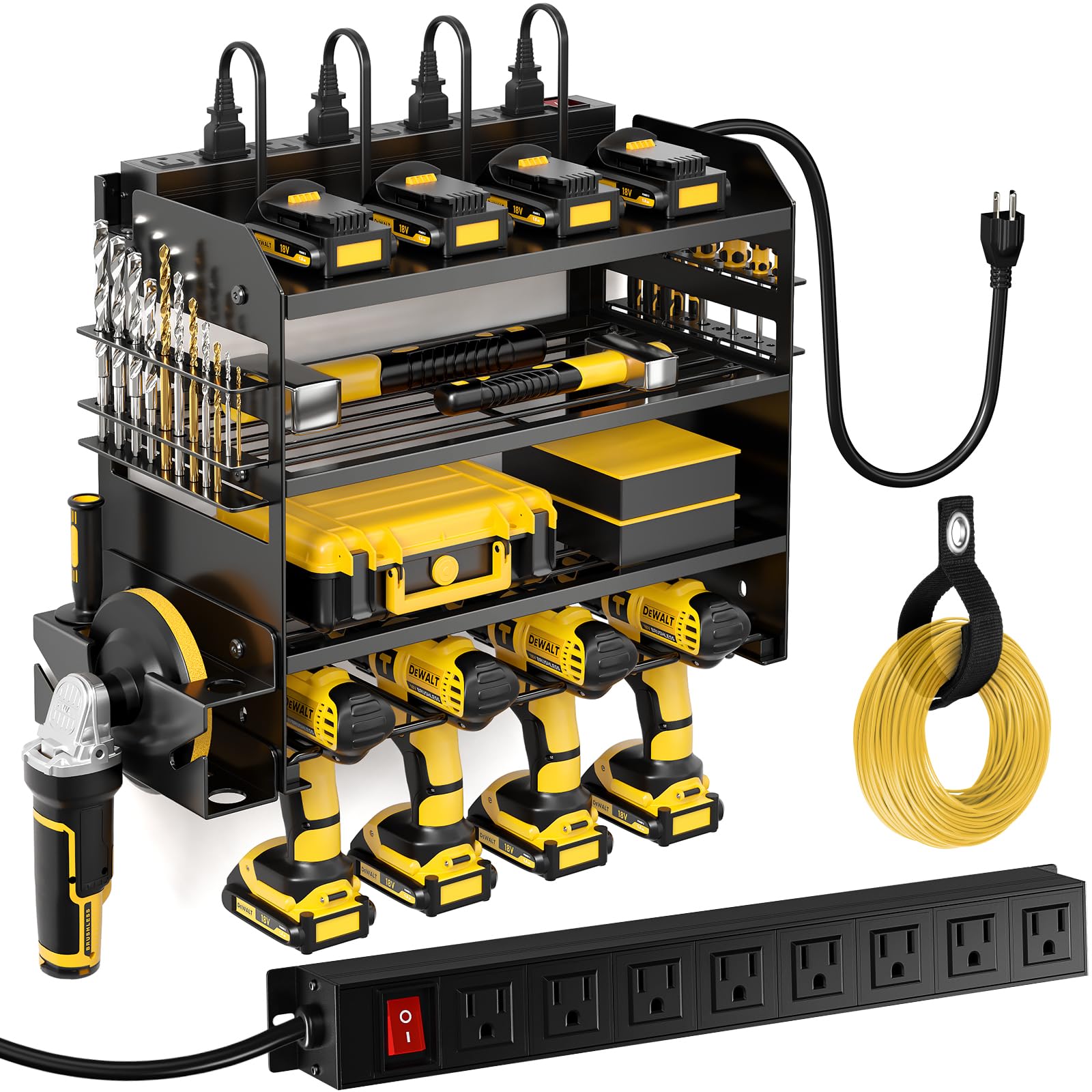 POKIPO power tool organizer wall mount with eight outlets for easy charging.