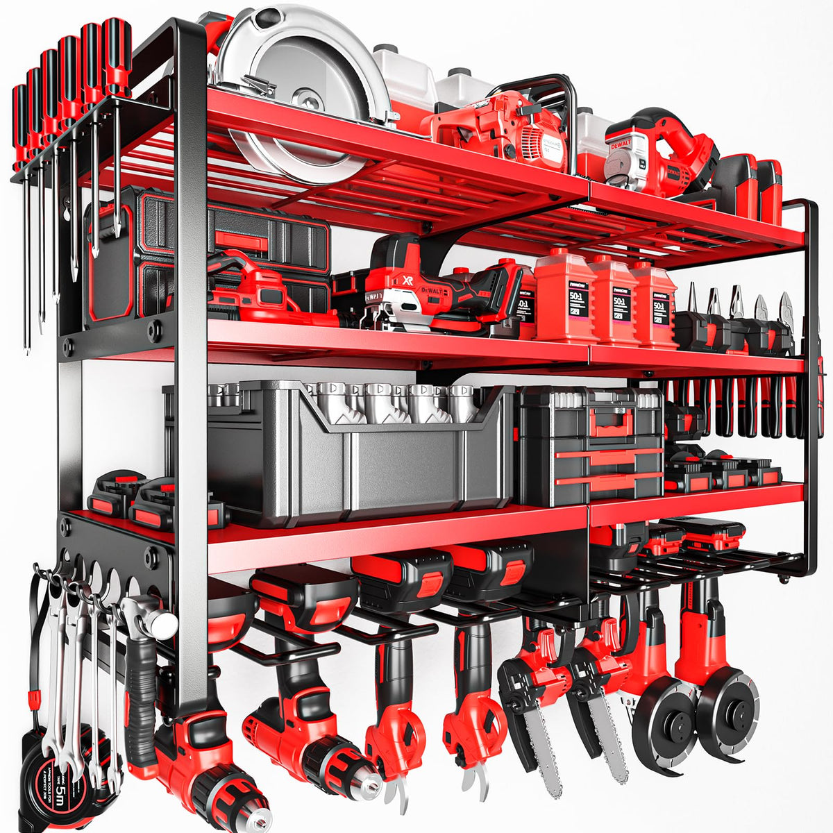 POKIPO Upgrade wall-mount four-tier shelf holds tools securely for quick access.