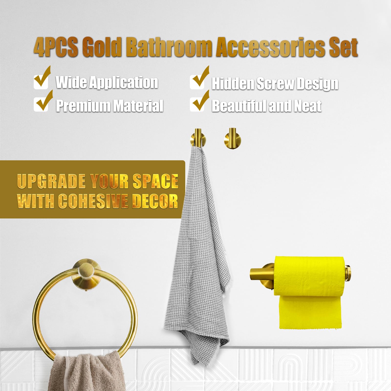 Unified gold bathroom hardware elevates guest bathroom aesthetics.