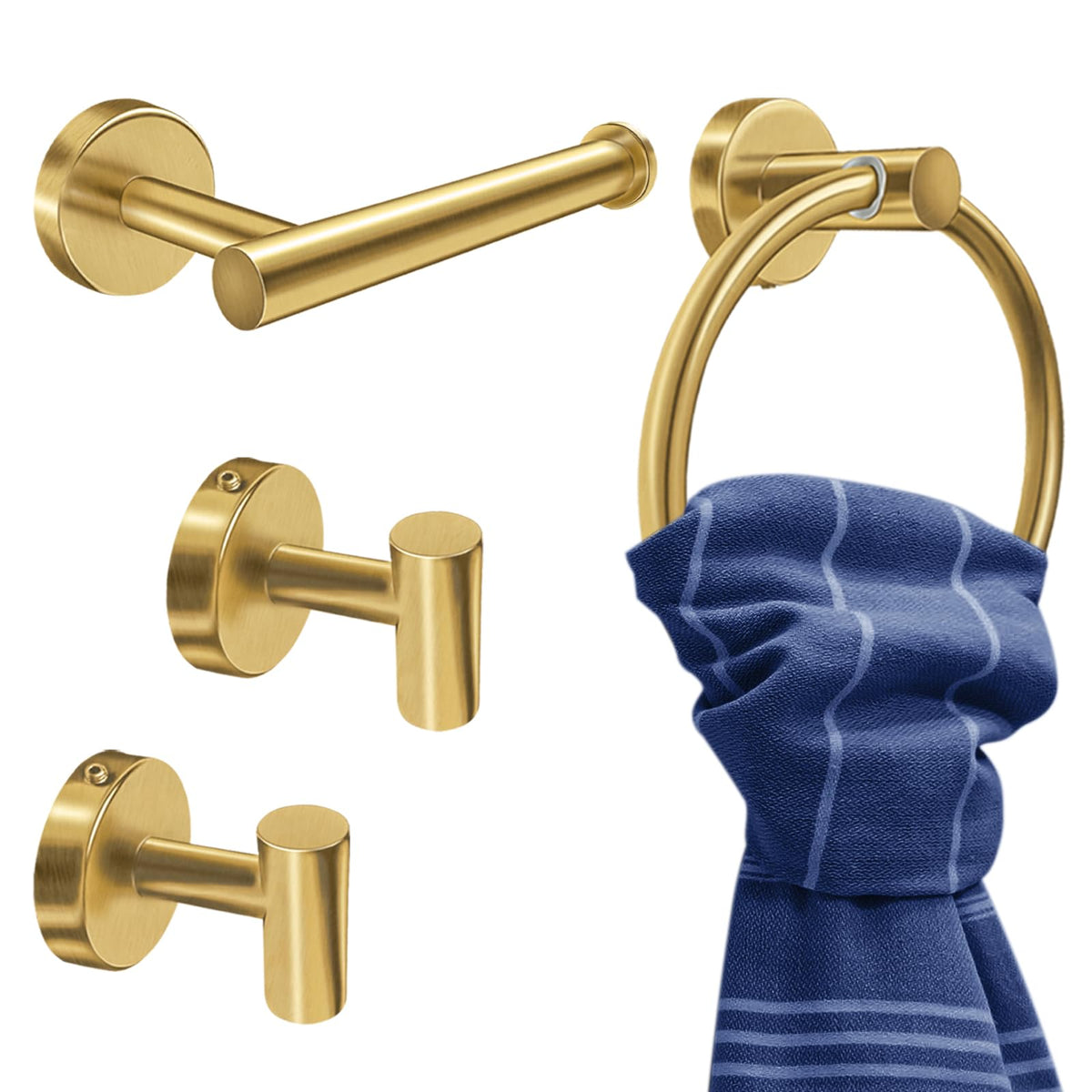 PokShow gold bathroom accessories set on wall for a cohesive modern look.