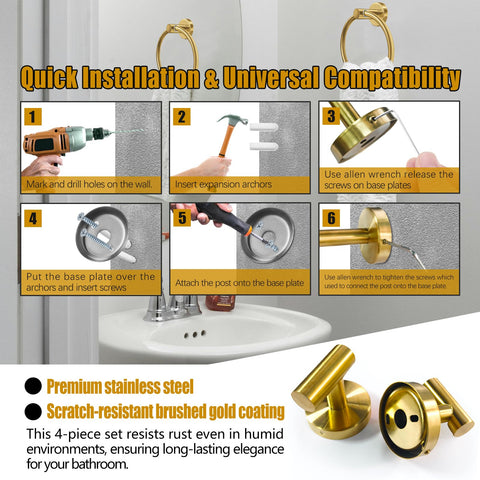 PokShow gold towel ring mounted beside sink for easy towel access.
