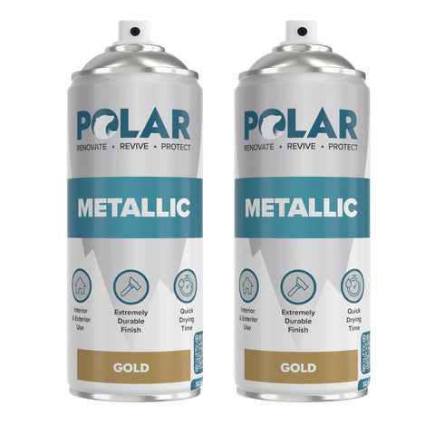 Polar Specialist Coatings Polar Metallic Gold Spray Paint pack front with quick-drying, multi-surface finish.