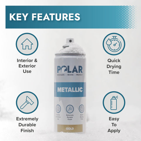 Polar Metallic Gold spray swatch on metal shows bright, durable shine for metals and crafts.
