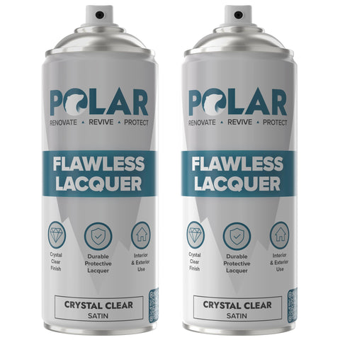 Polar Flawless Clear Lacquer Spray can applying a satin finish to wood and metal surfaces