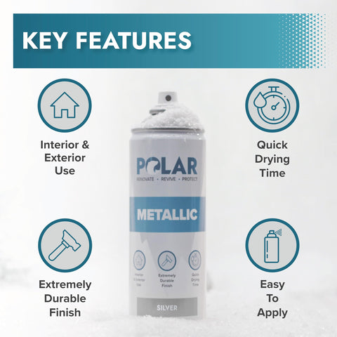 Polar Specialist Coatings Polar Metallic Silver Spray Paint on metal surfaces provides a durable glossy finish.