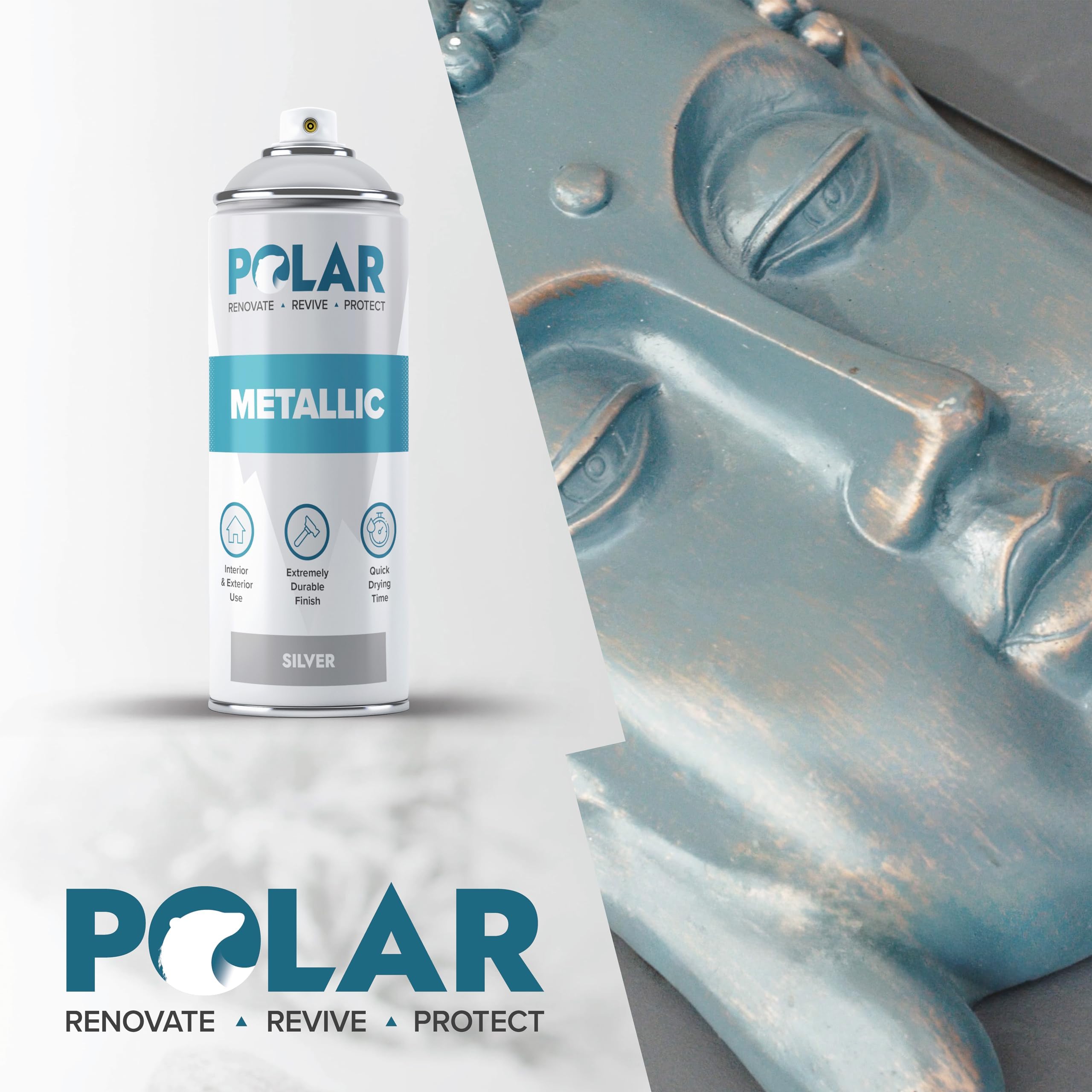 Polar Specialist Coatings Polar Metallic Silver Spray Paint on wood furniture adds a chic metallic glow.