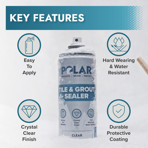 Polar Tile & Grout Sealer clear spray in action on shower tile provides durable waterproofing