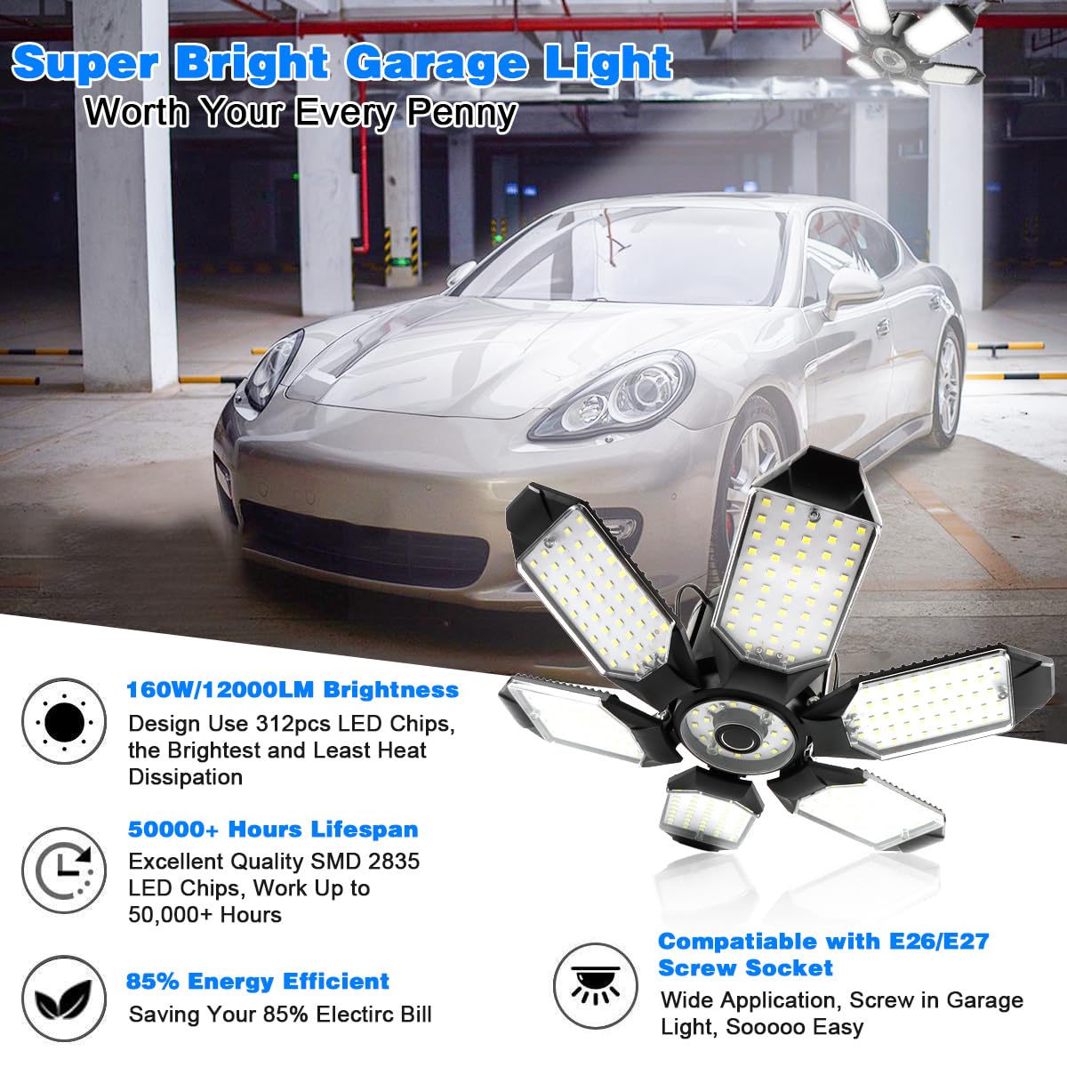 POLARPRA 160W garage light on E26 base delivers bright, energy-efficient coverage.