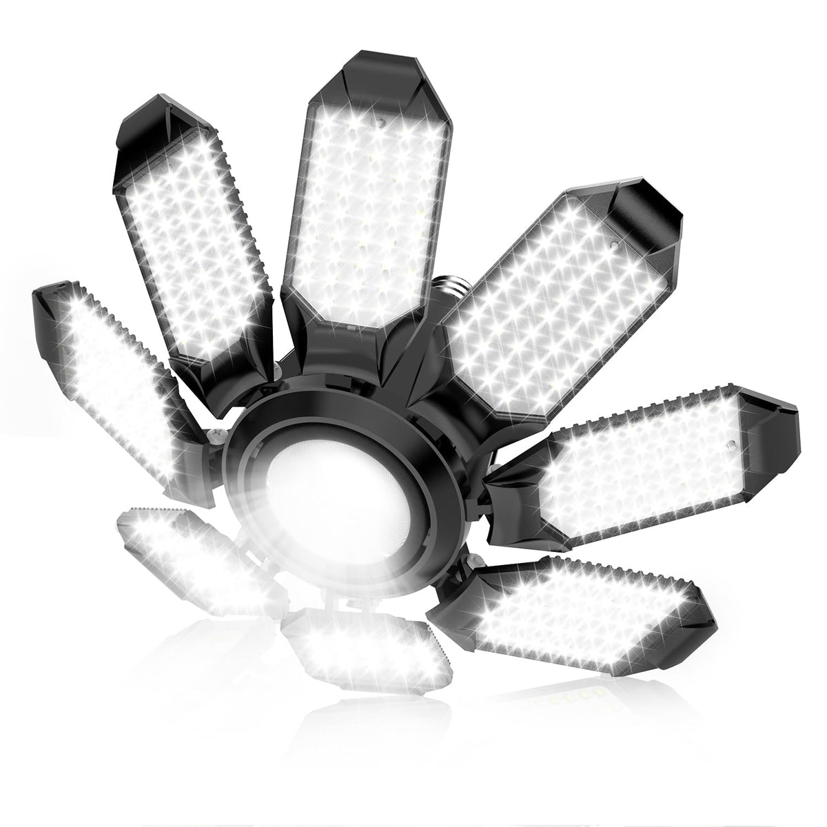 POLARPRA garage light with eight adjustable panels for even workshop illumination.
