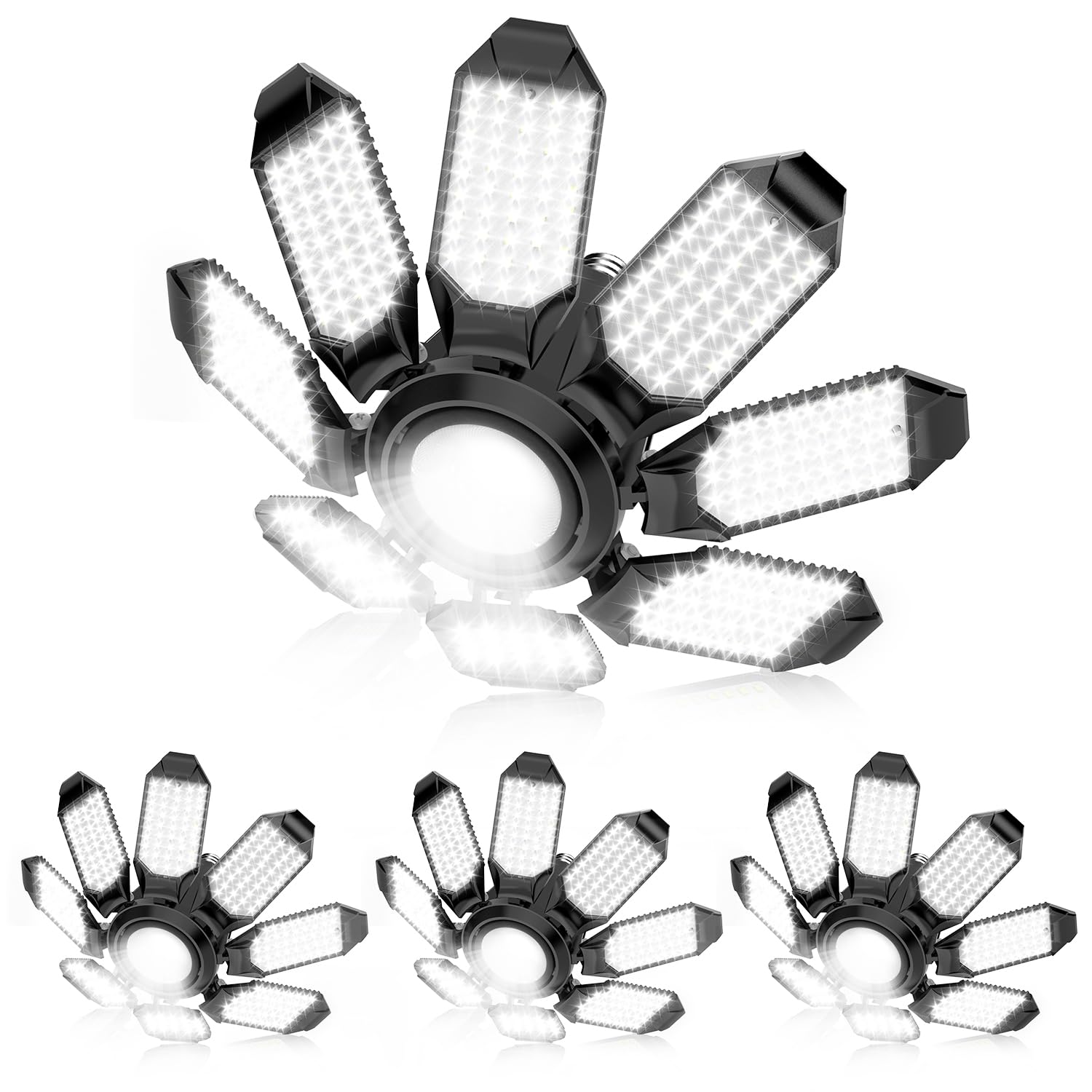 POLARPRA garage light with eight adjustable panels delivers broad, shadow-free workshop illumination.