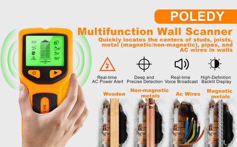 POLEDY Stud Finder deep-scan detects deep studs for sturdy shelves and mounting.