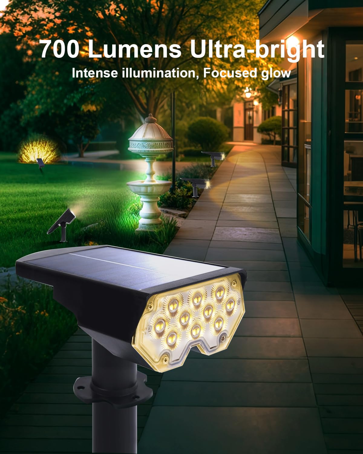 POLIGHTY solar spotlight close-up of 20 LED beads for garden borders and entryways.