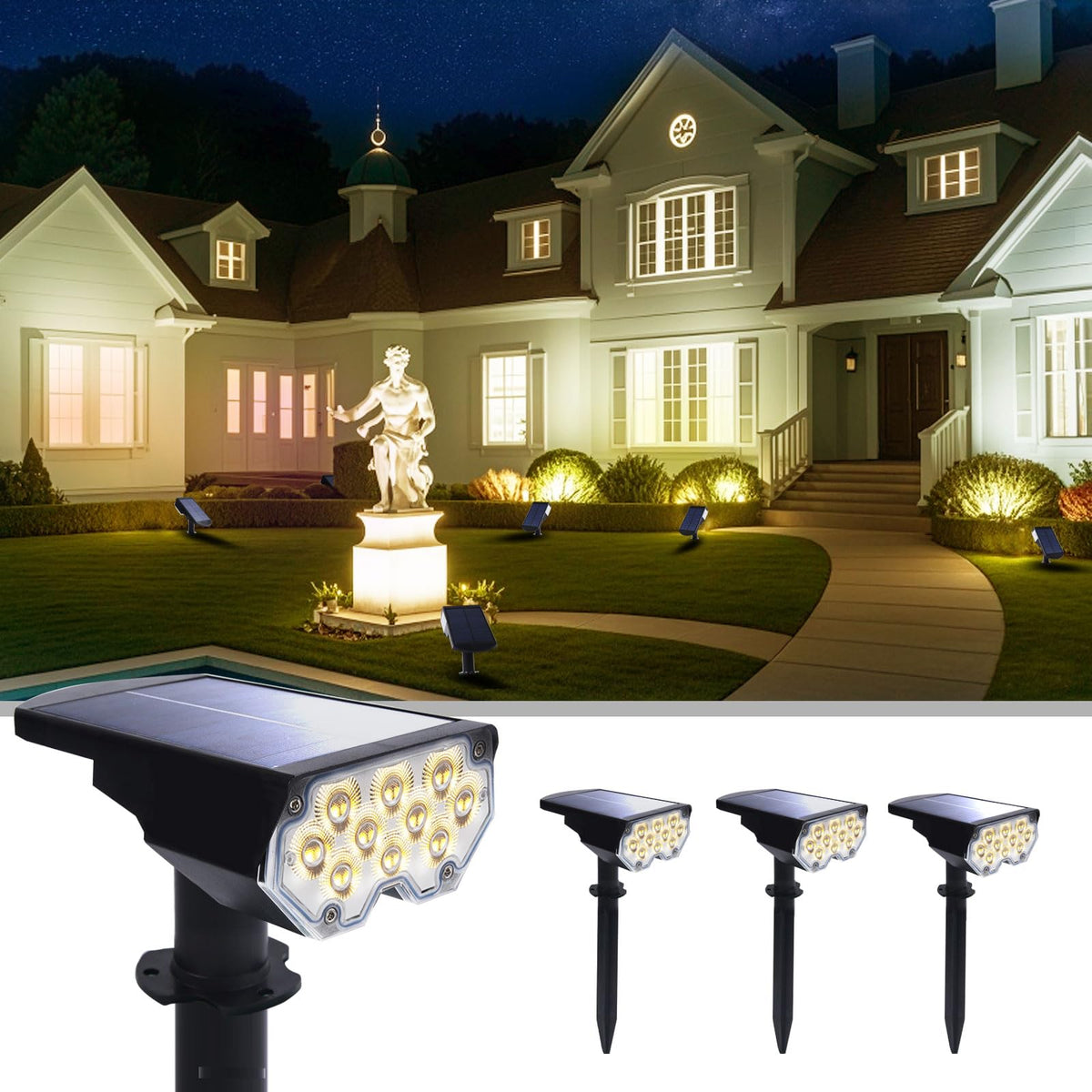 POLIGHTY solar spotlight angle view showing bright, focused outdoor lighting for pathways and accents.