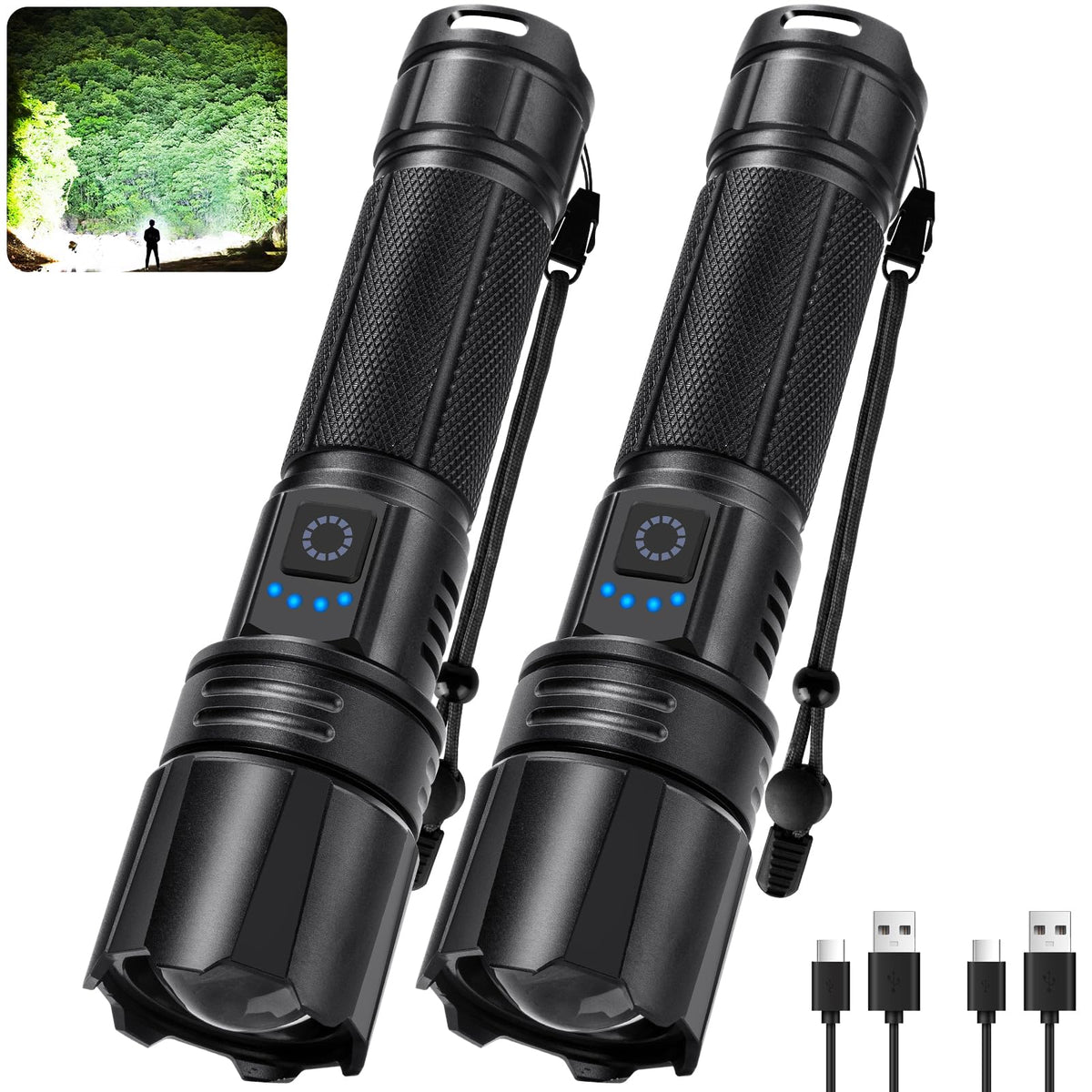 polisak rechargeable LED flashlight 2-pack front view for clear nighttime visibility.