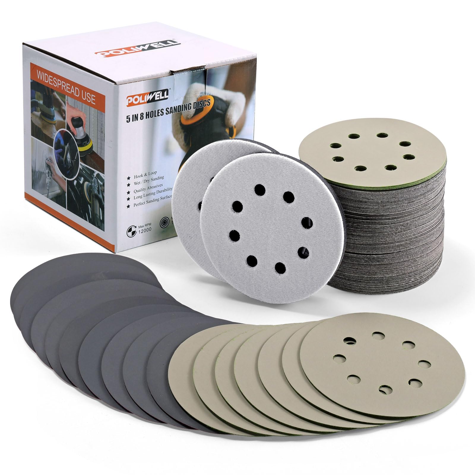 POLIWELL 320 grit sanding disc with 8 holes for dust-free wood prep