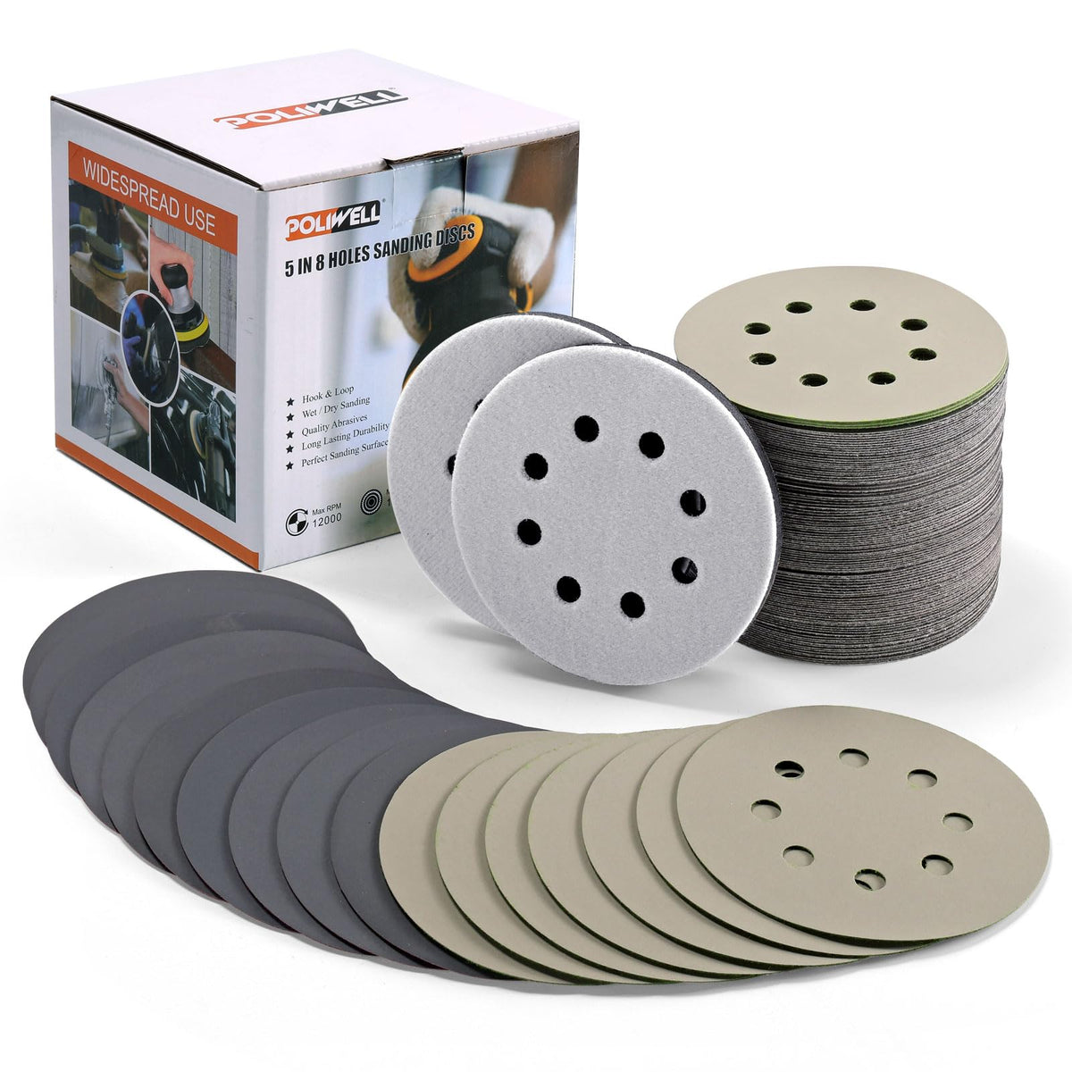 POLIWELL 320 grit sanding disc with 8 holes for dust-free wood prep