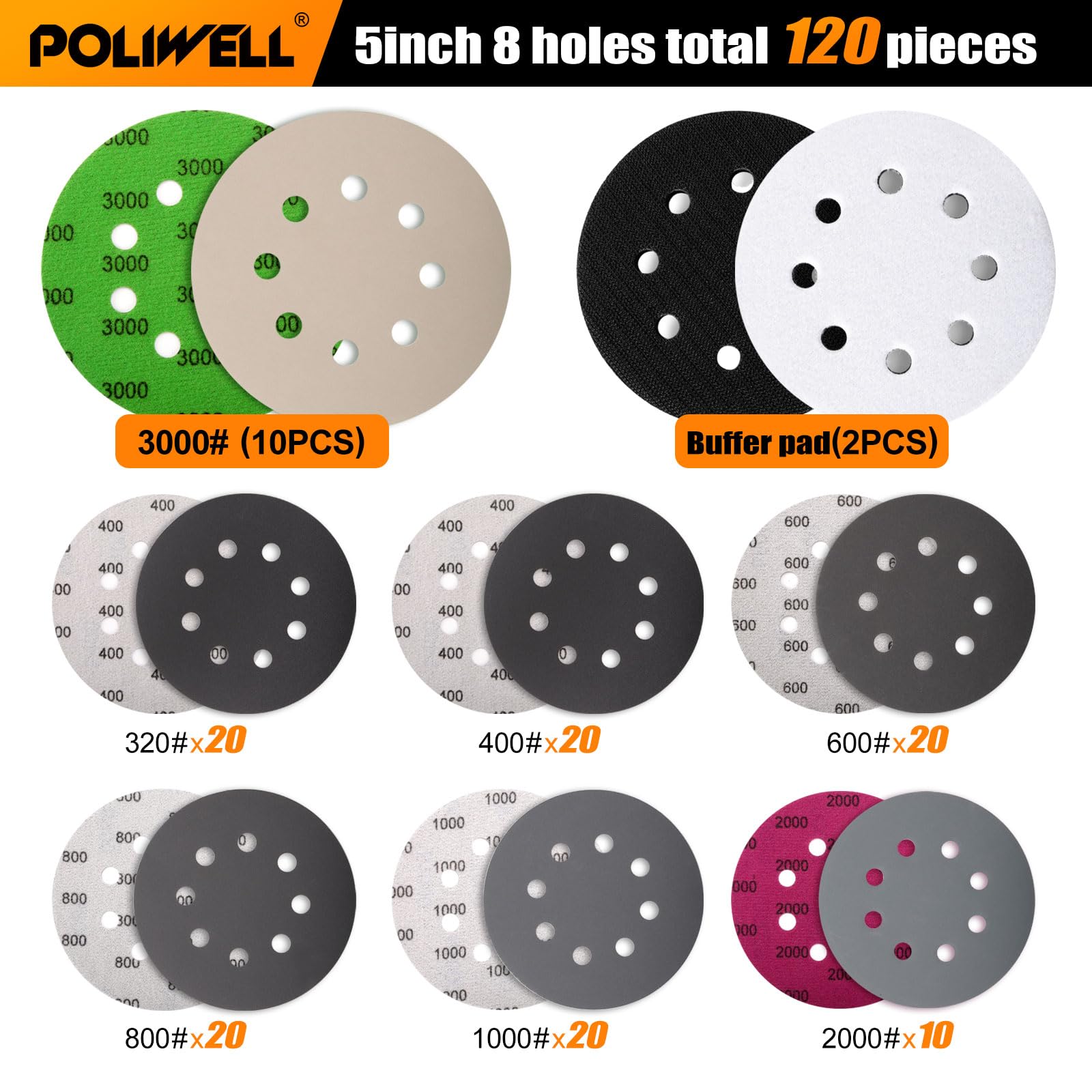 POLIWELL 400 grit sanding disc with 8 holes for fast material removal