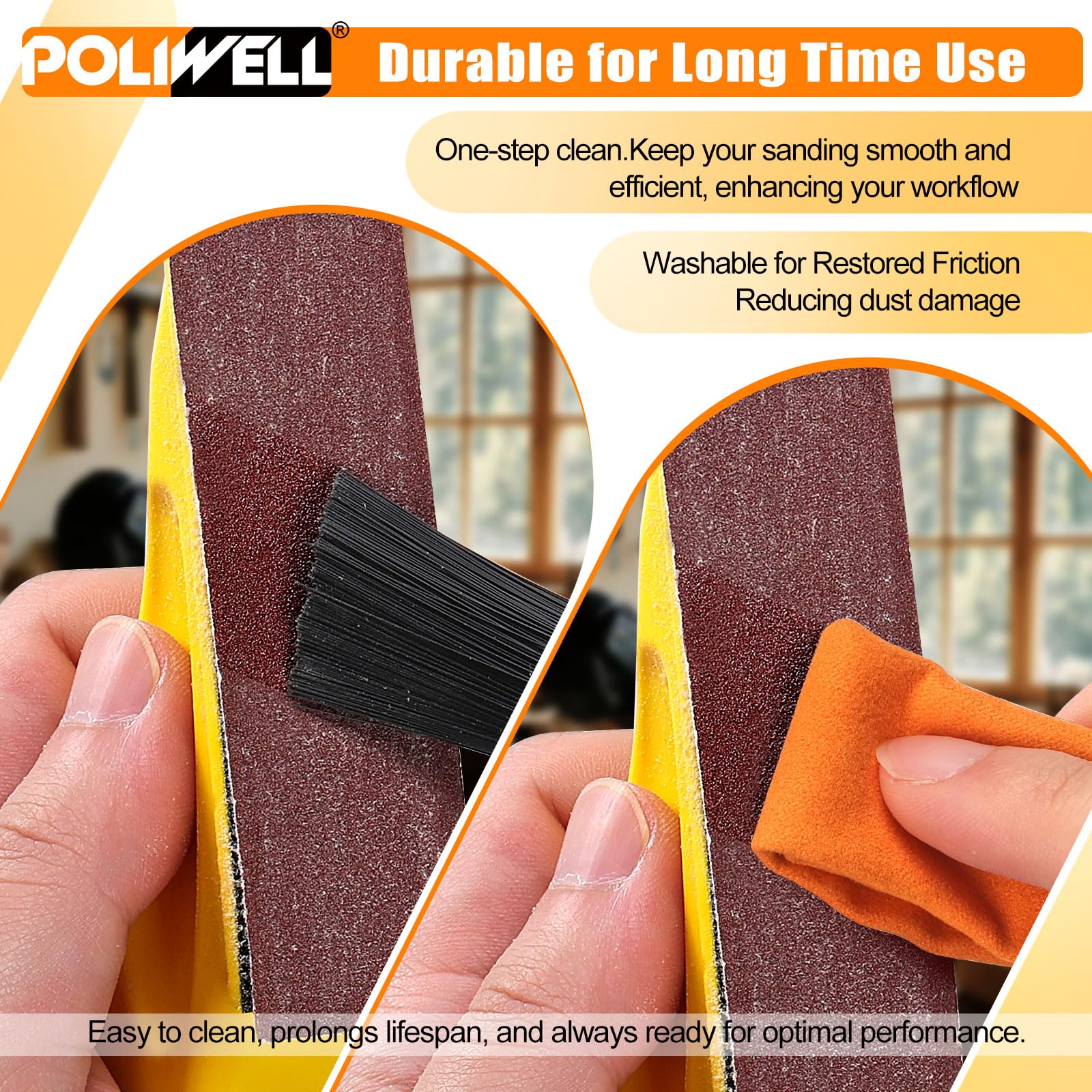 POLIWELL hook-and-loop backing for quick sandpaper changes