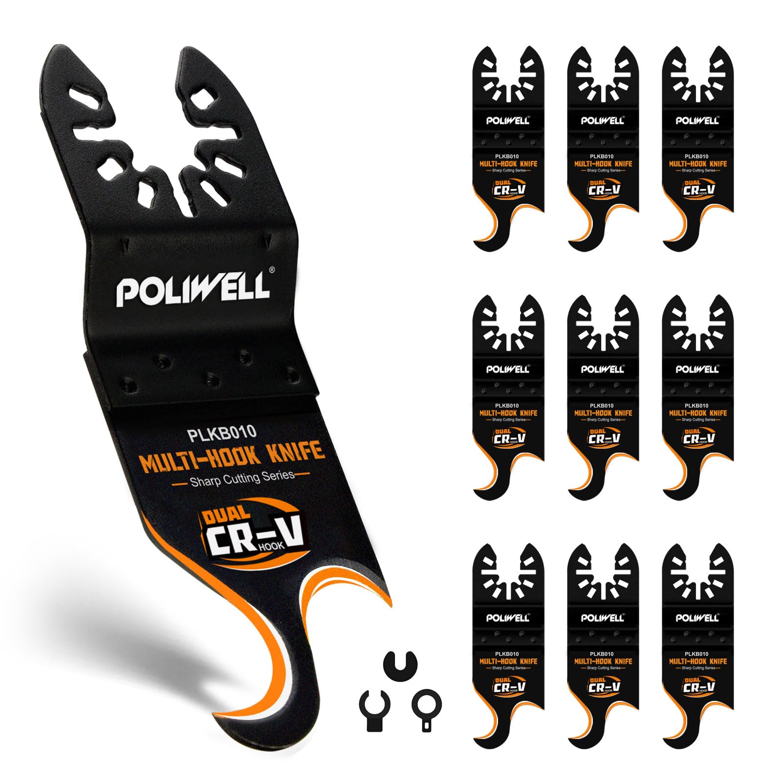 POLIWELL oscillating hook knife blades 10-pack for nonstop roofing and flooring tasks.