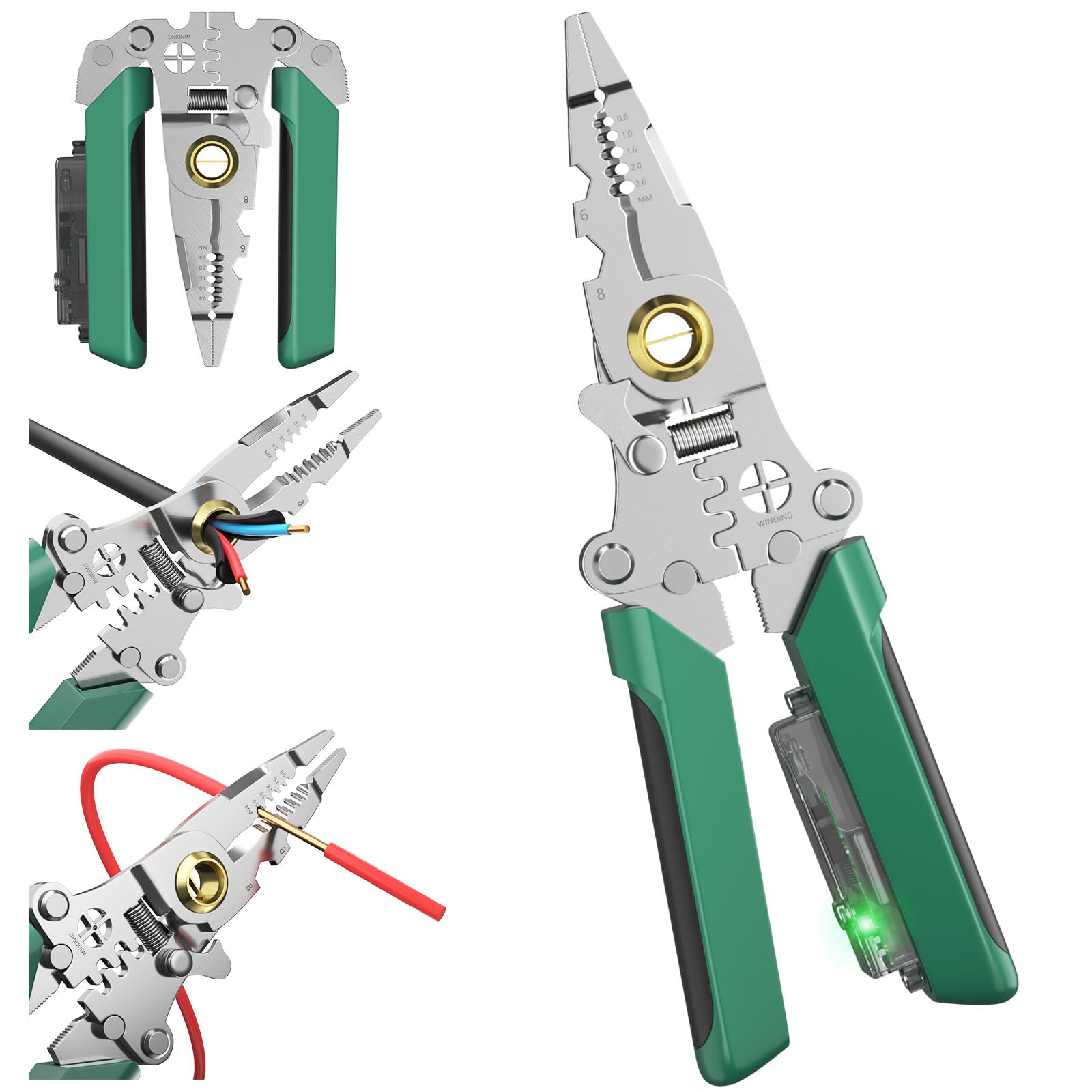 Polsmtx 8-in-1 wire stripper with voltage tester for precise prep and quick work.