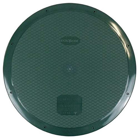 Polylok 24in flat cover atop corrugated pipe, showing precise fit for secure outdoor drainage lid