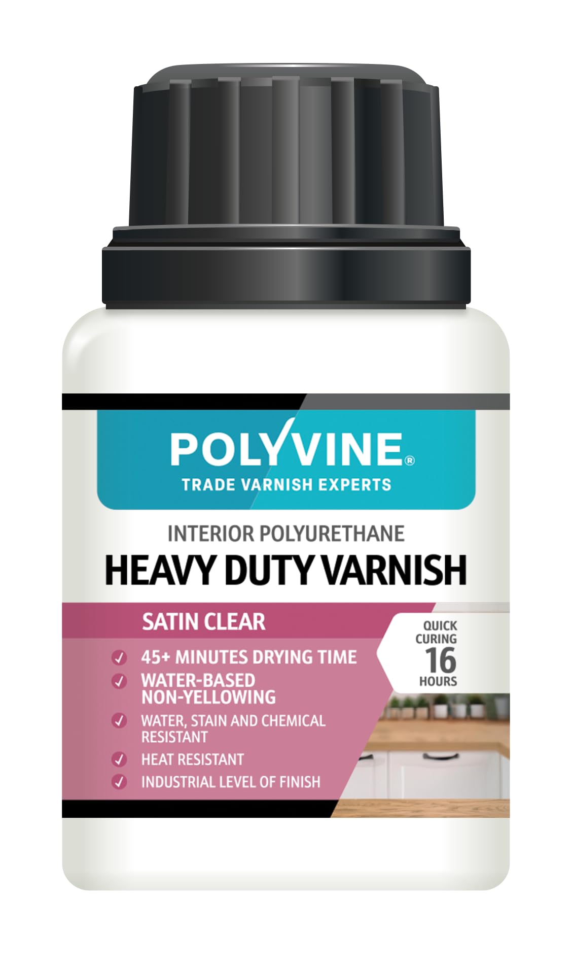 Polyvine Heavy Duty Satin varnish on bottle shows durable interior wood protection