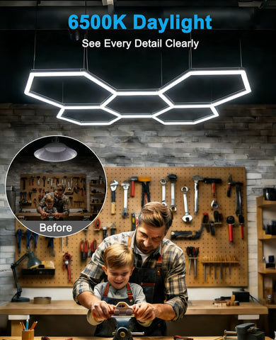Pomelotree hexagon LED gym ceiling light delivers bright 6500K illumination.